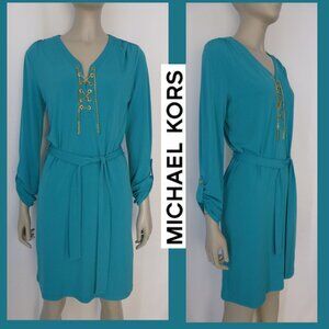 Michael Michael Kors Turquoise Belted Shift Dress with Gold Hardware Chain
